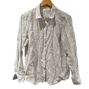 Uniqlo Linen Striped Long-Sleeve Button-Down Shirt White Blue Size Medium‎